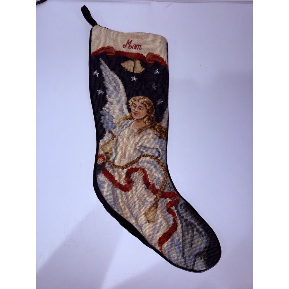 LANDS END Needlepoint Christmas Stocking Angel w/ Bells‎ "MOM" Velvet Backing 1